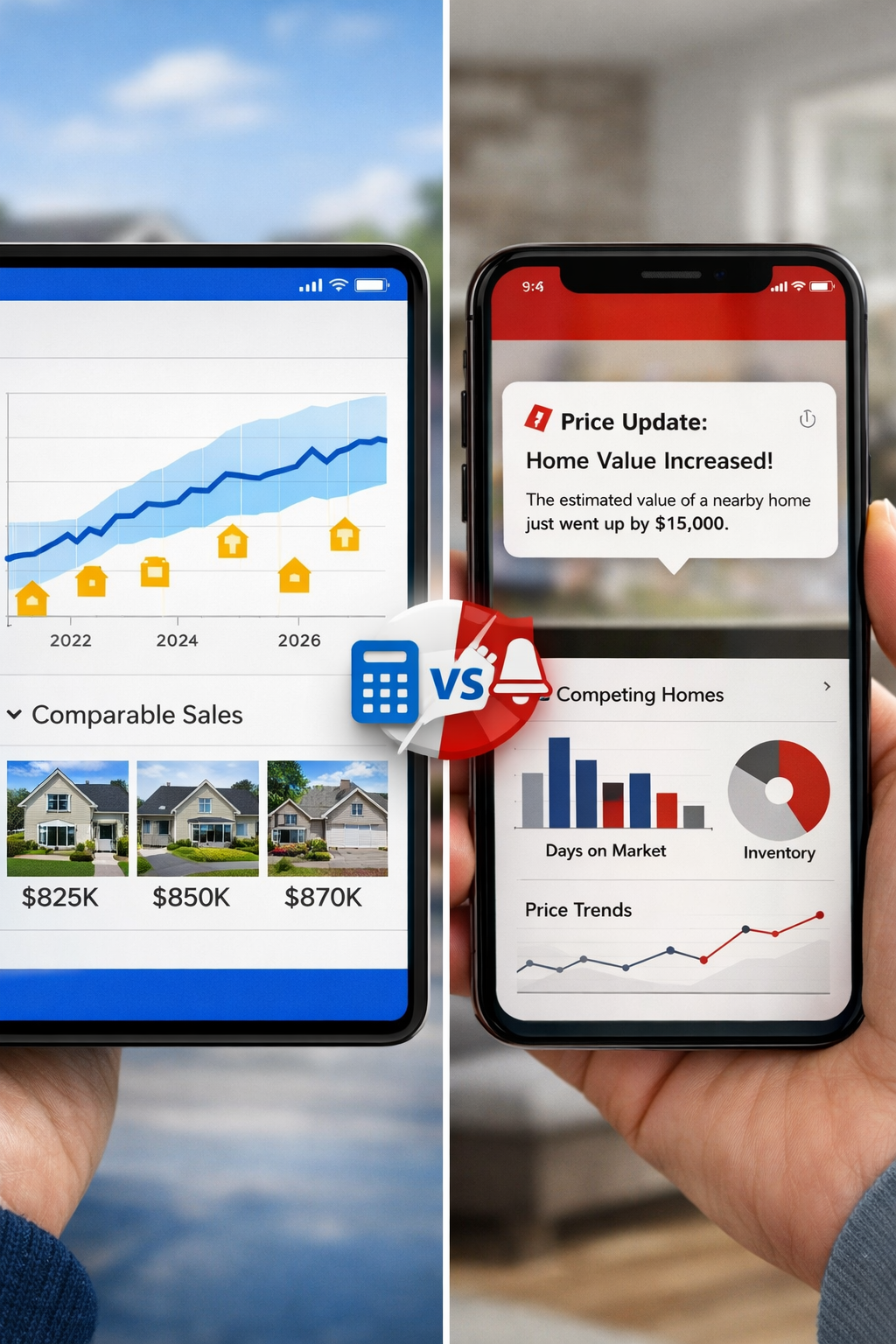 "When creating the cover image NO text" Portrait/Pinterest format (1024x1536) split-screen comparison image showing Zillow's Zestimate tool 