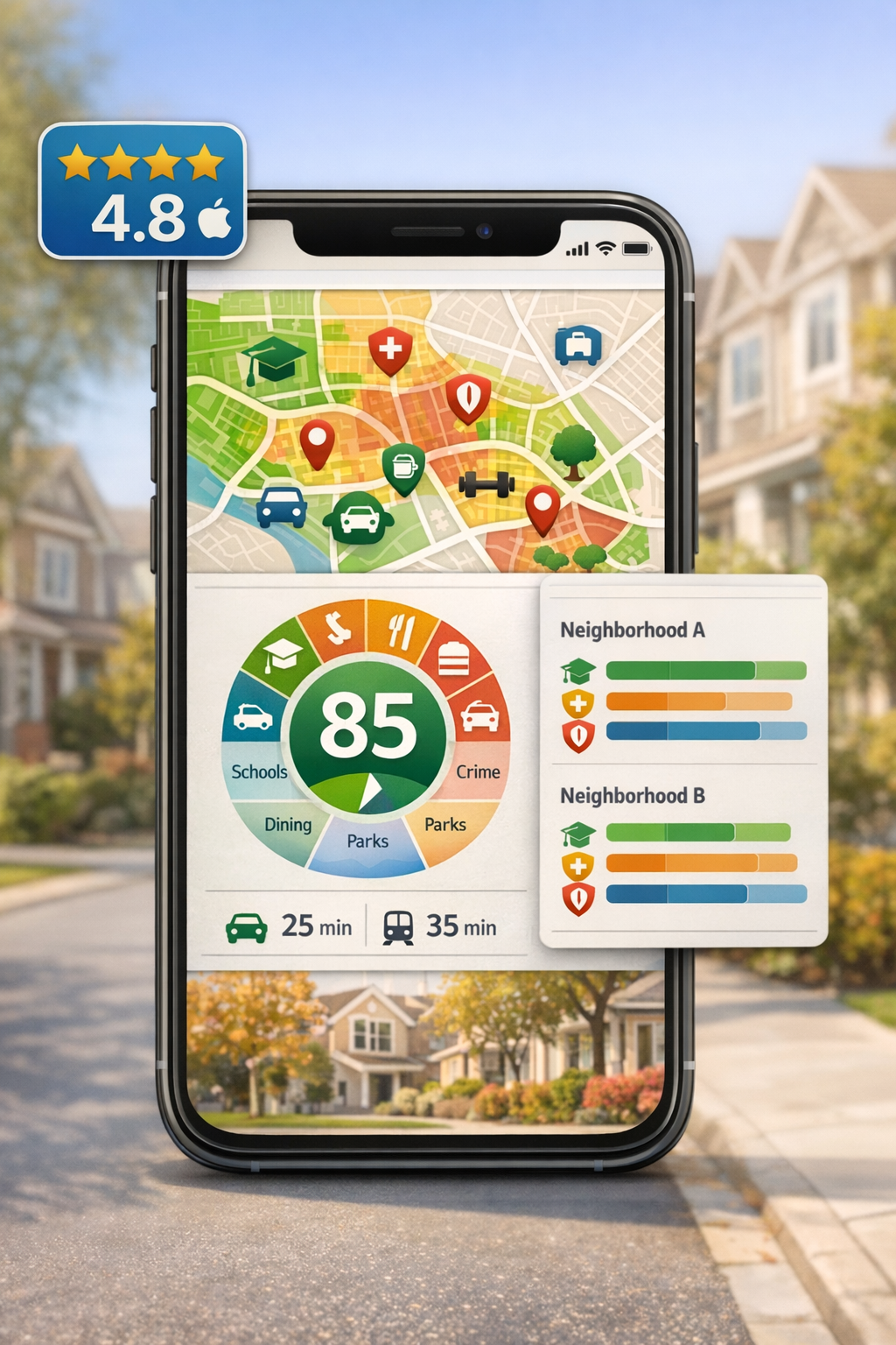 "When creating the cover image NO text" Portrait/Pinterest format (1024x1536) infographic-style image showcasing Trulia mobile app interface