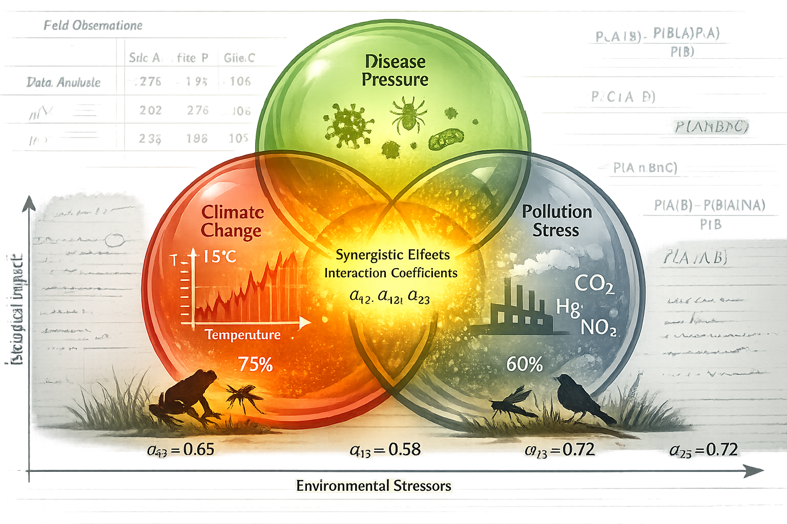 Detailed () illustration showing three-dimensional Venn diagram with overlapping transparent spheres representing climate