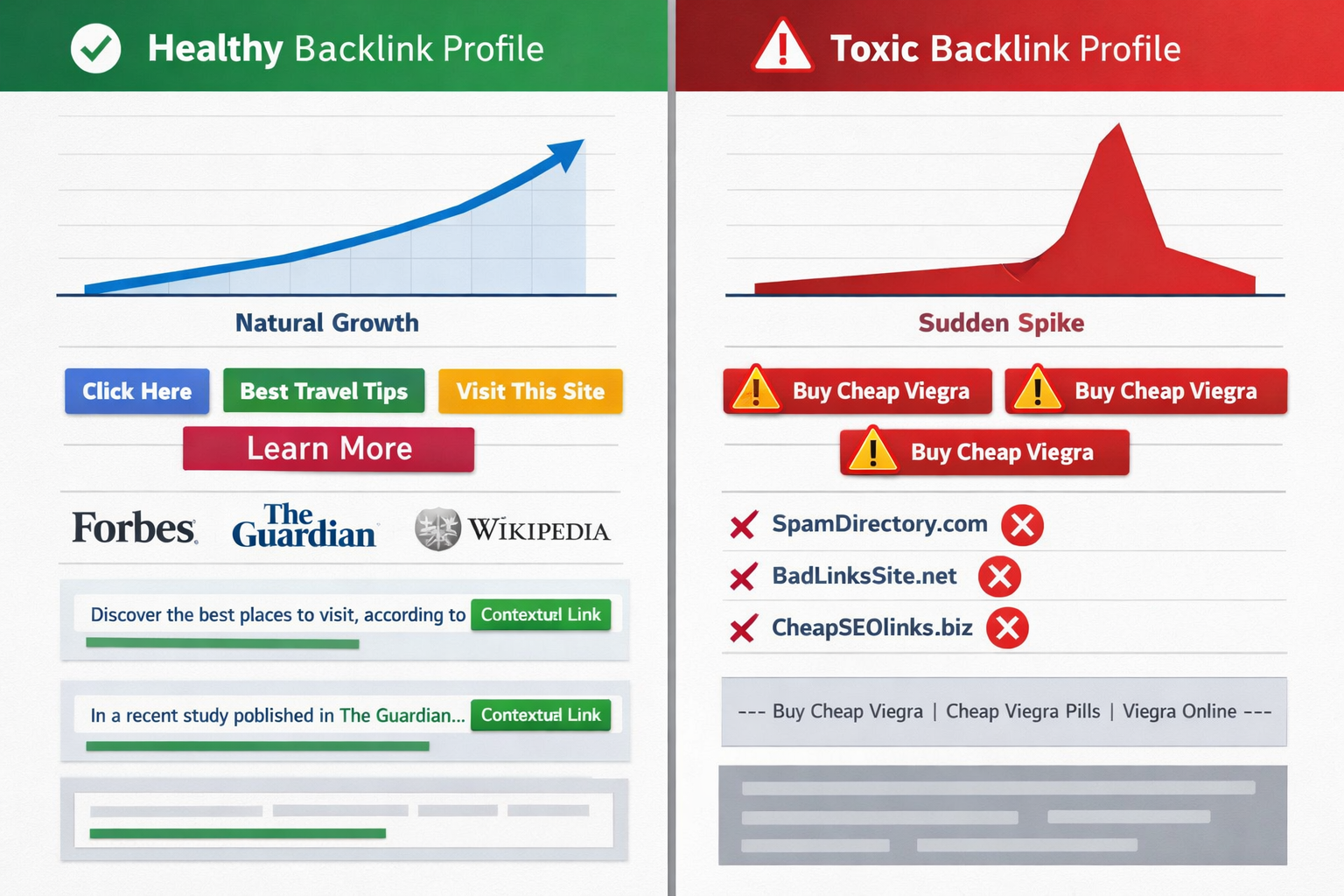 Landscape format (1536x1024) comparison visualization displaying healthy backlink profile versus toxic profile side-by-side. Left side shows