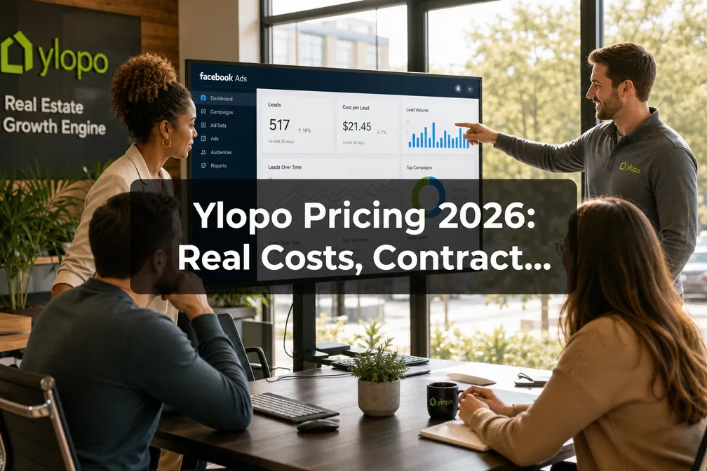 Professional () hero image with (≤42 chars): 'Ylopo Pricing 2026: Real Costs, Contract…', crisp white on a dark