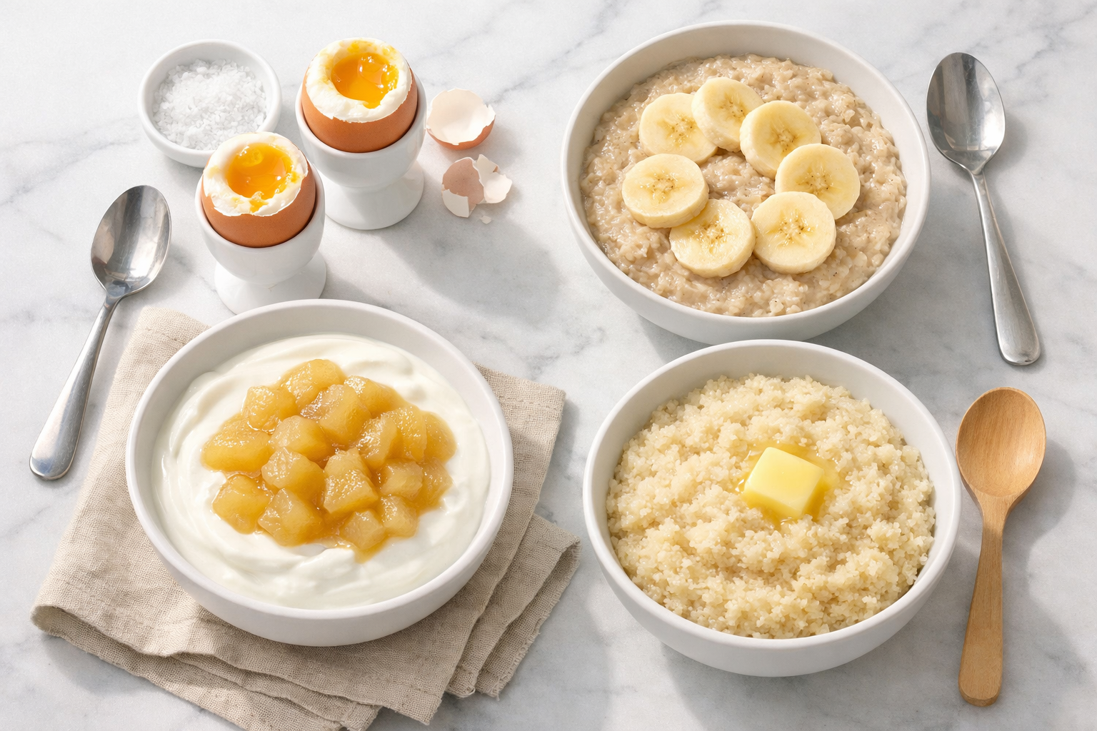 Professional food photography flat-lay of a nourishing bland diet breakfast spread: soft-boiled eggs, plain oatmeal with