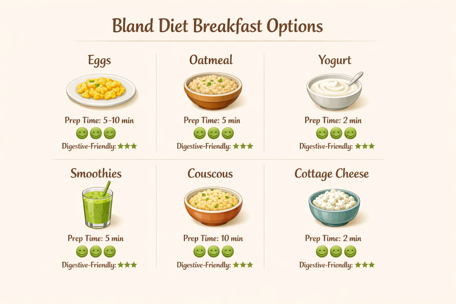 Clean infographic showing 6 bland diet breakfast categories (eggs, oatmeal, yogurt, smoothies, couscous, cottage cheese)