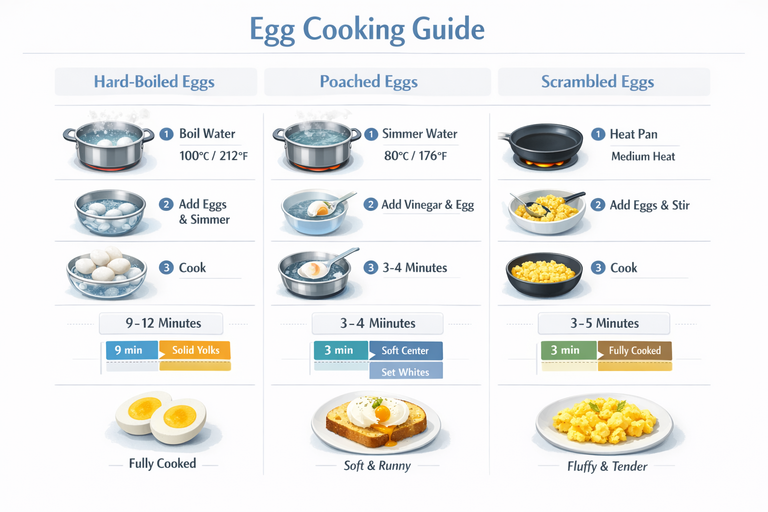 Bland Diet Breakfast Ideas: Step-by-step visual guide for 3 egg cooking methods (hard-boiled, poached, scrambled) with temperature indicators and timing