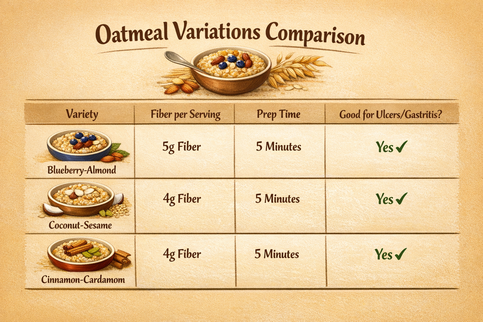 Comparison table graphic showing oatmeal variations (blueberry-almond, coconut-sesame, cinnamon-cardamom) with fiber