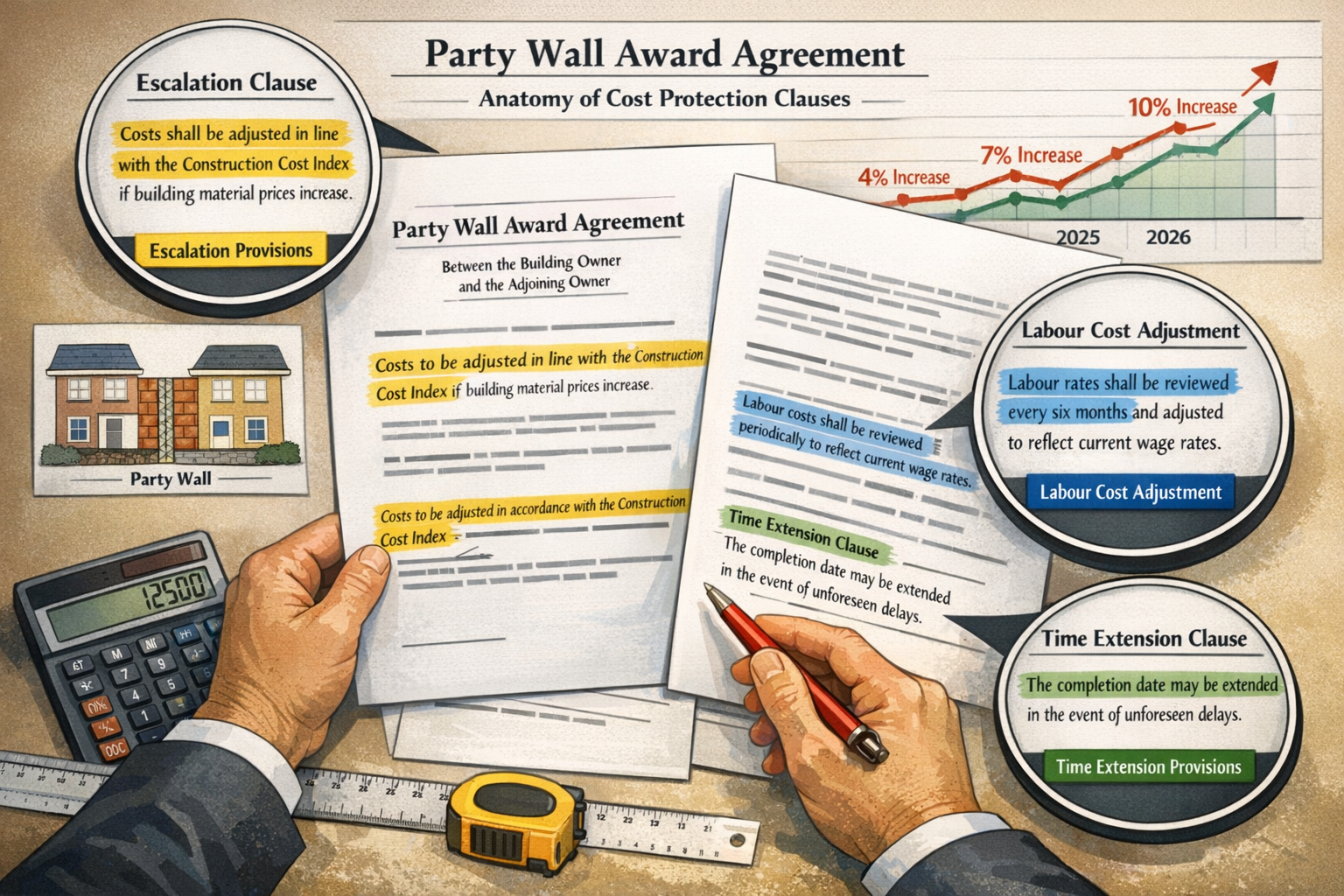 Landscape format (1536x1024) detailed illustration showing anatomy of party wall award contract document with magnified sections highlightin