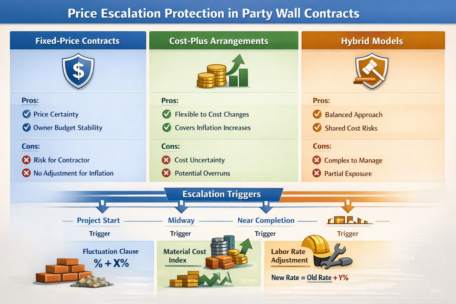 Landscape format (1536x1024) comprehensive infographic displaying comparison table of different price escalation protection mechanisms in pa
