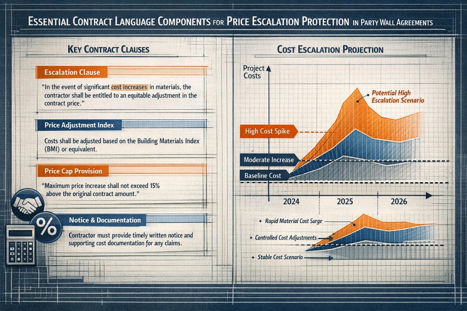 Professional architectural infographic visualizing 'Essential Contract Language Components for Price Escalation Protection' in party wall ag