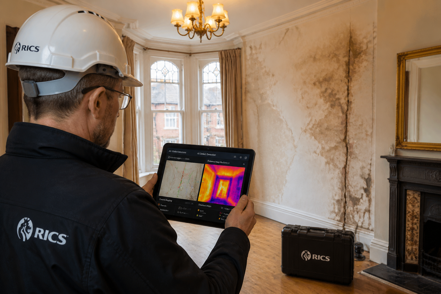 Wide-angle editorial photograph of a professional chartered surveyor conducting a Level 3 building survey inspection inside
