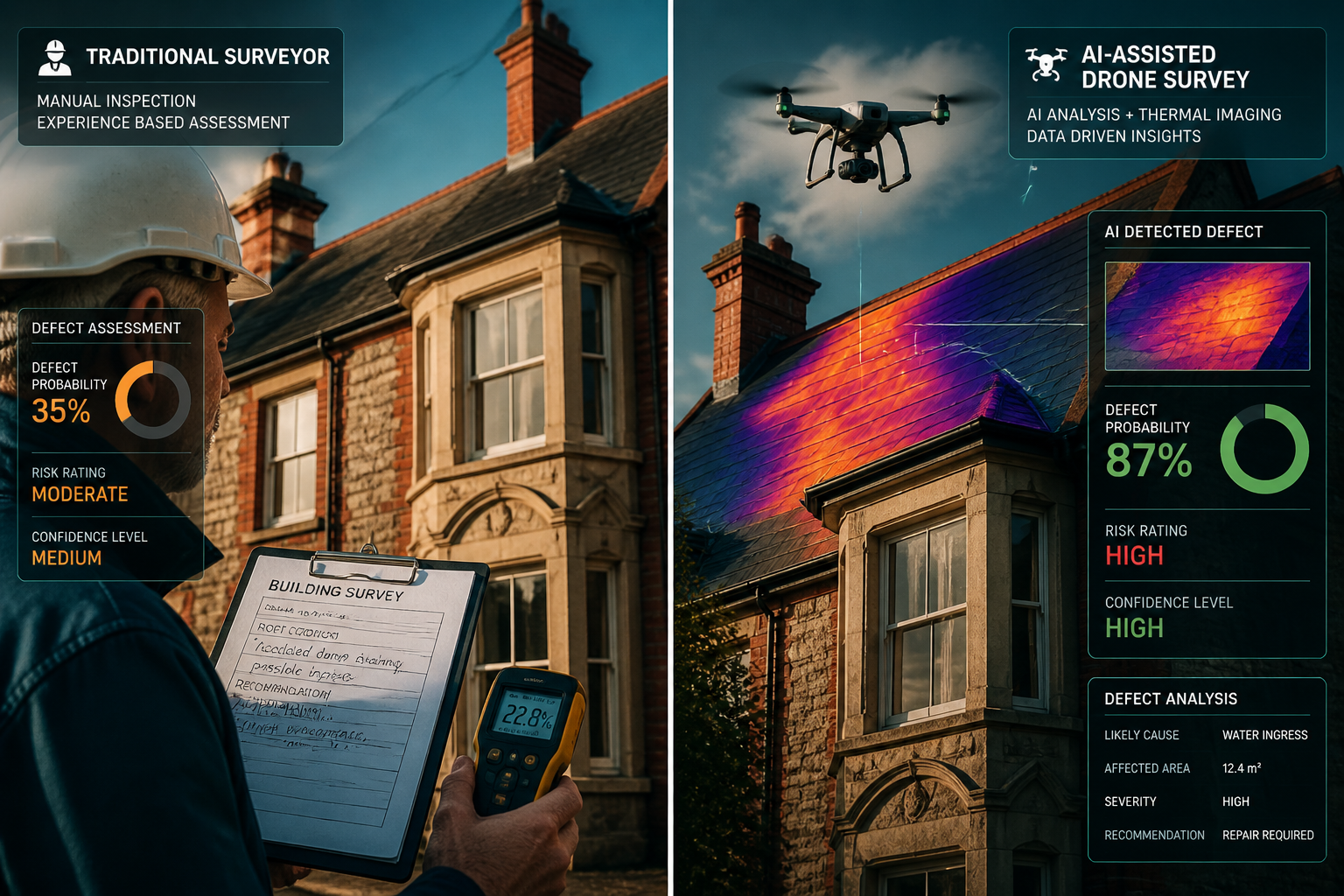 Close-up editorial split-screen image contrasting traditional surveyor with clipboard and moisture meter on left panel