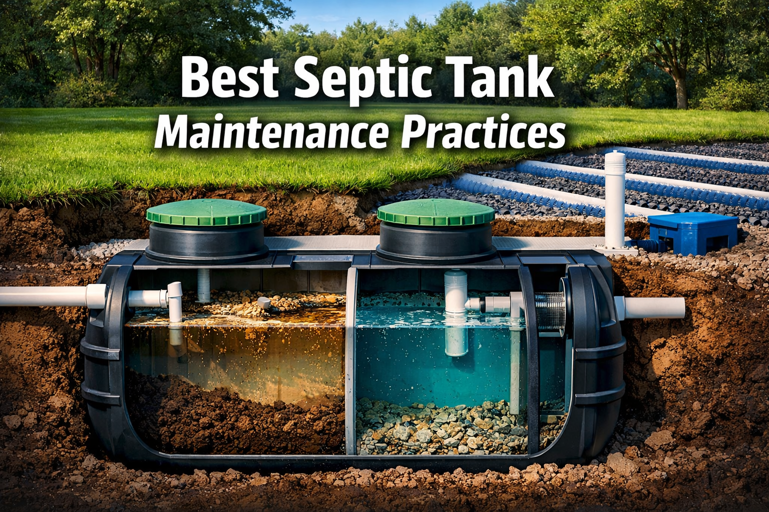 Professional landscape format (1536x1024) hero image with bold text overlay 'Best Septic Tank Maintenance Practices' in 70pt white sans-seri