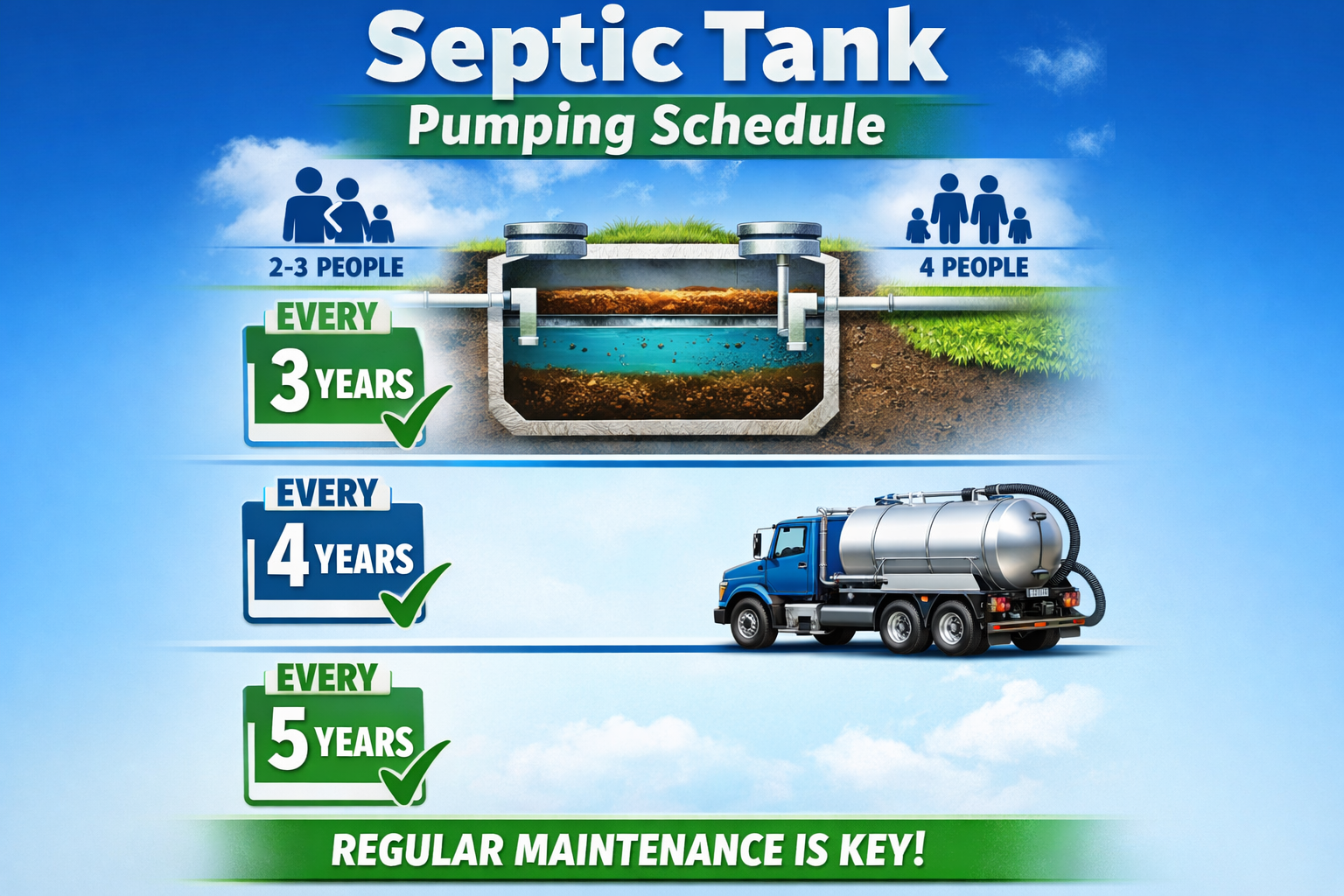 Portrait format (1024x1536) infographic showing septic tank pumping schedule timeline with calendar icons, household size indicators (2-4 pe