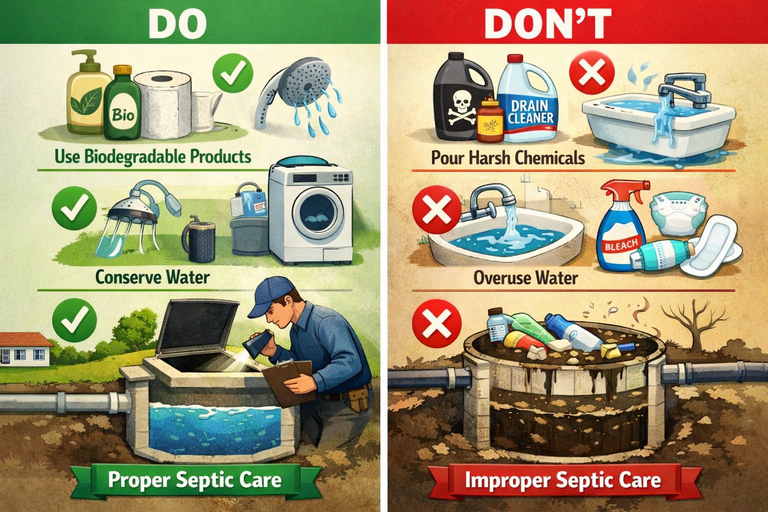 Portrait format (1024x1536) split-screen comparison showing 'DO vs DON'T' for septic system care. Left side shows proper practices: biodegra