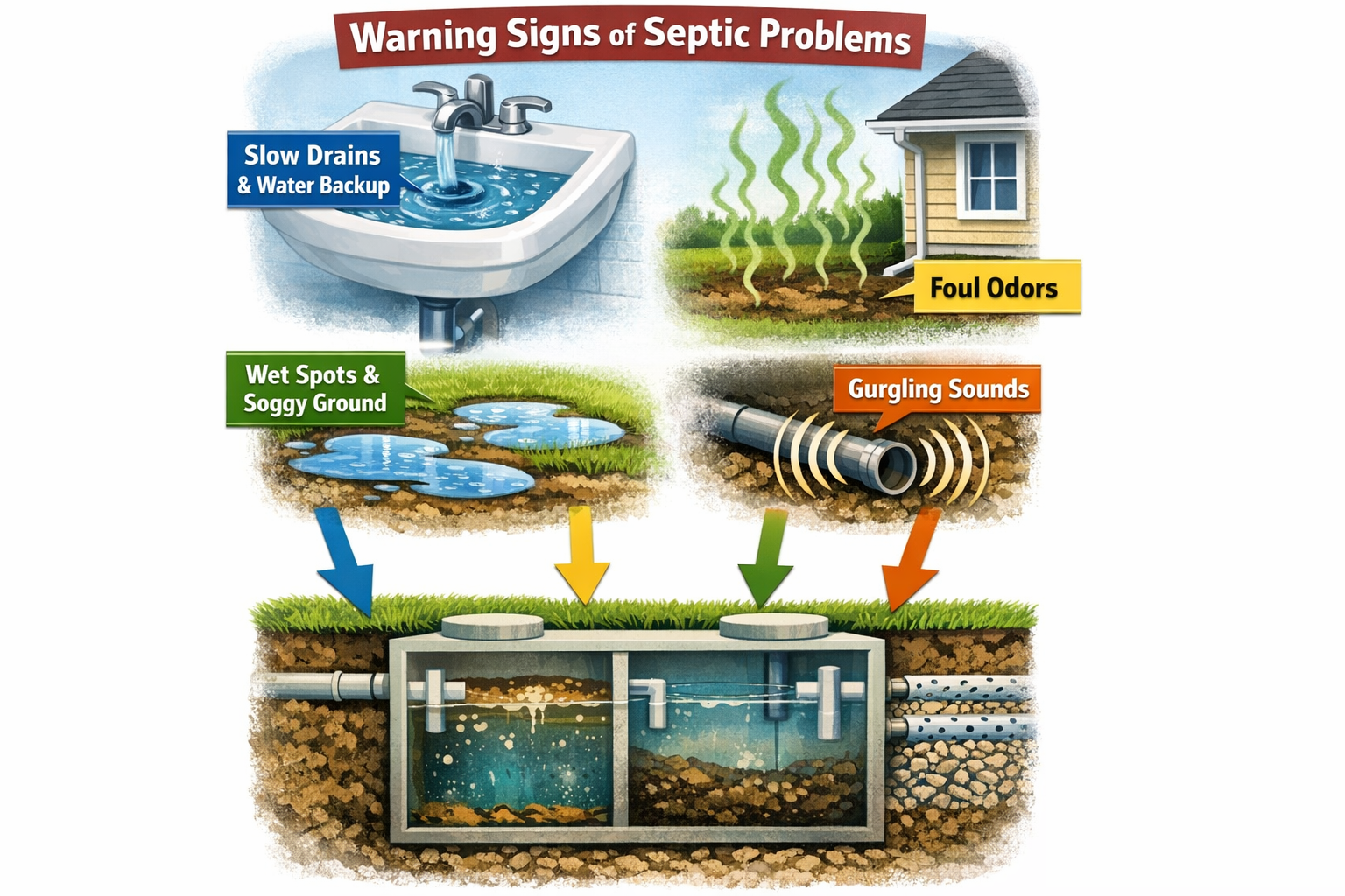 Portrait format (1024x1536) diagnostic illustration showing warning signs of septic problems. Visual elements include slow drains with water