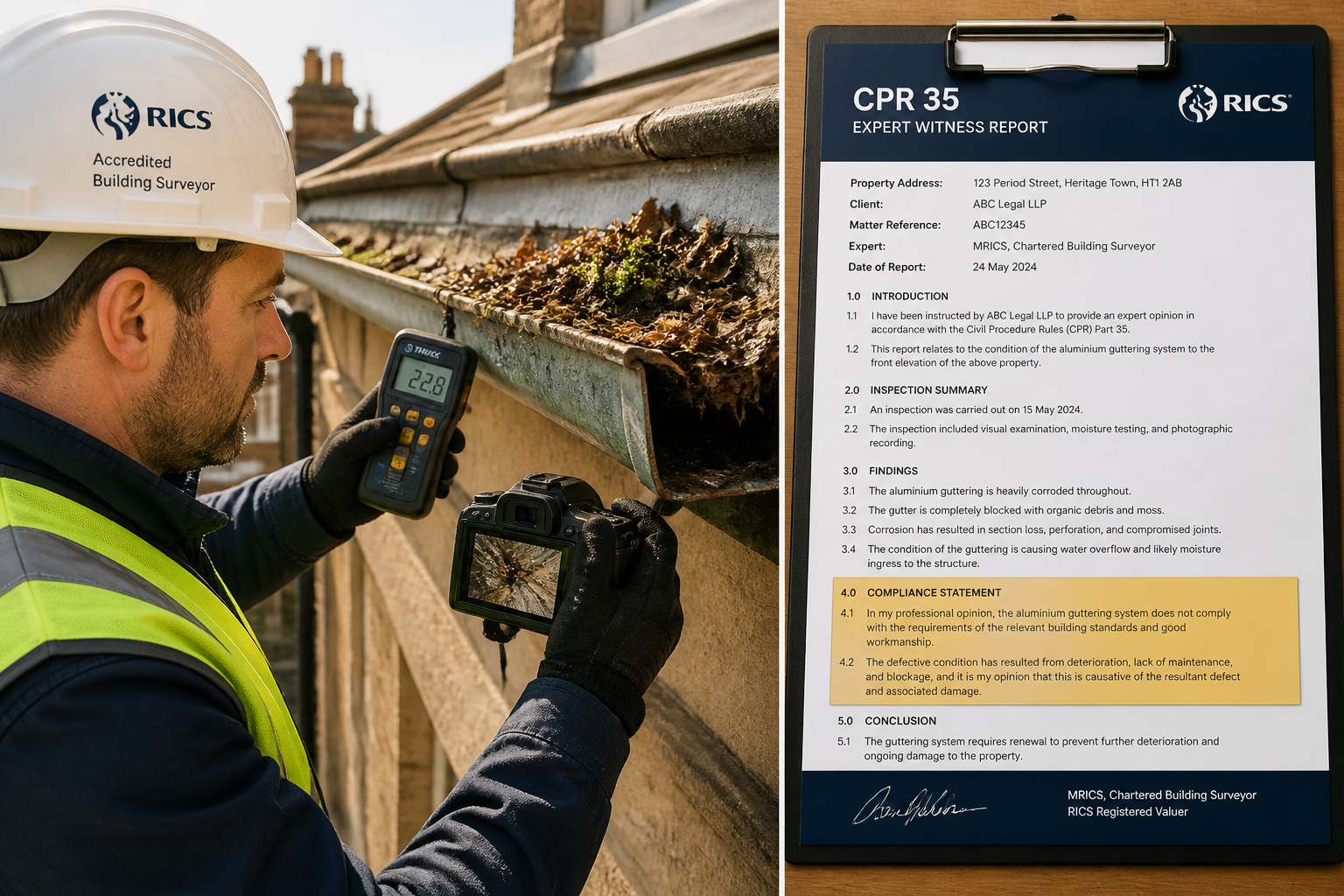 Detailed () editorial image showing a professional RICS-accredited building surveyor in a hard hat and hi-vis vest