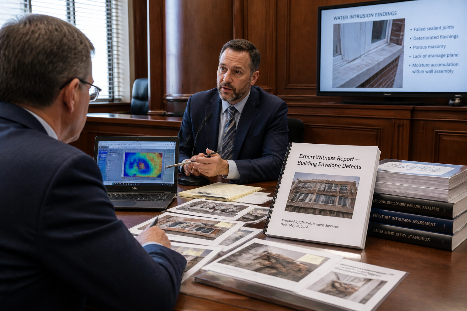 Detailed () courtroom-adjacent editorial scene showing a building surveyor expert witness seated at a formal deposition