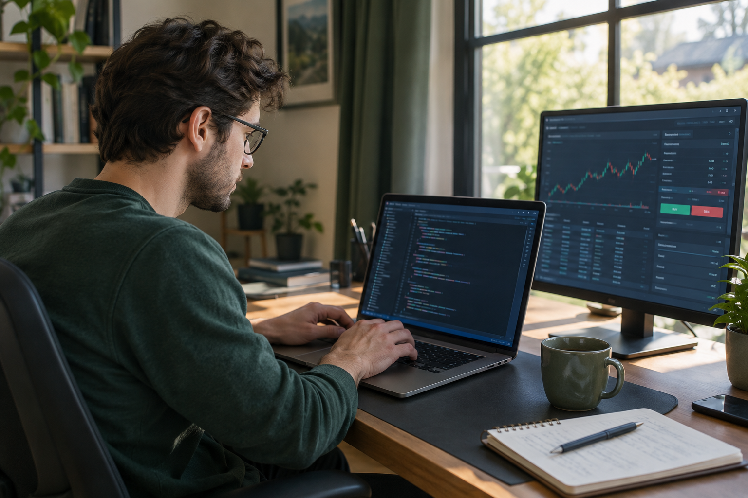 Developer writing Alpaca API trading code on a laptop next to a live stock chart