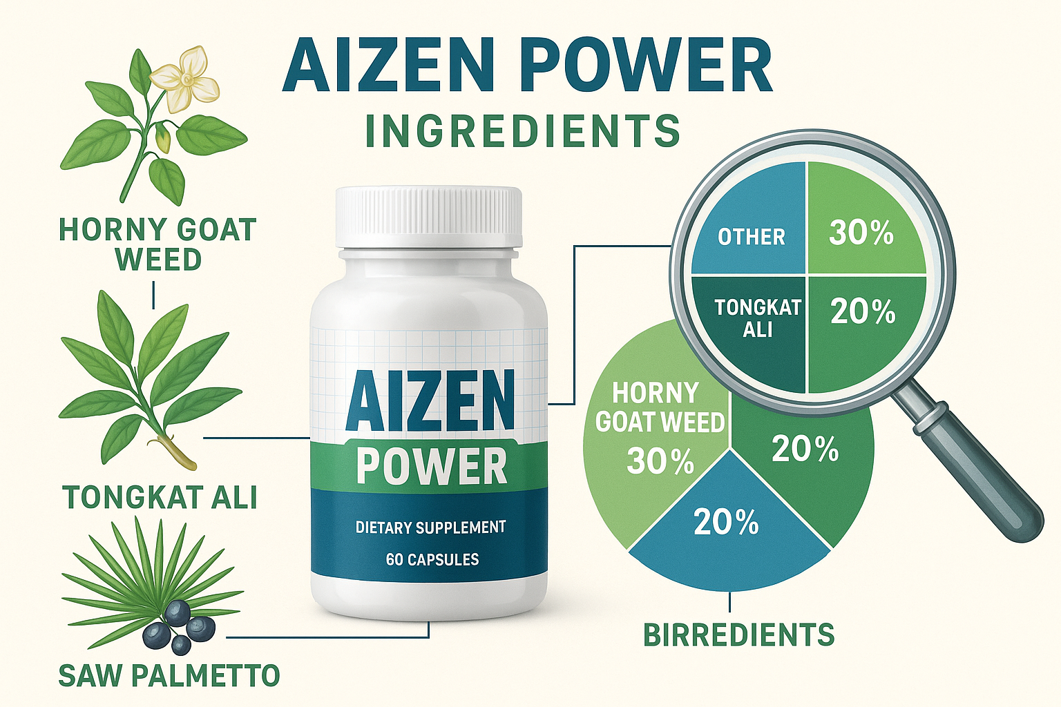 Detailed infographic showing Aizen Power supplement bottle with ingredient breakdown chart, featuring natural herbs like horny goat weed, to