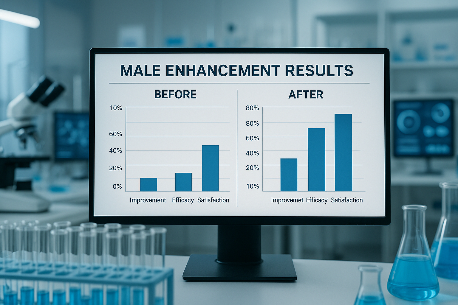 Scientific laboratory scene showing before/after comparison charts for male enhancement results, clinical study data visualization with bar 