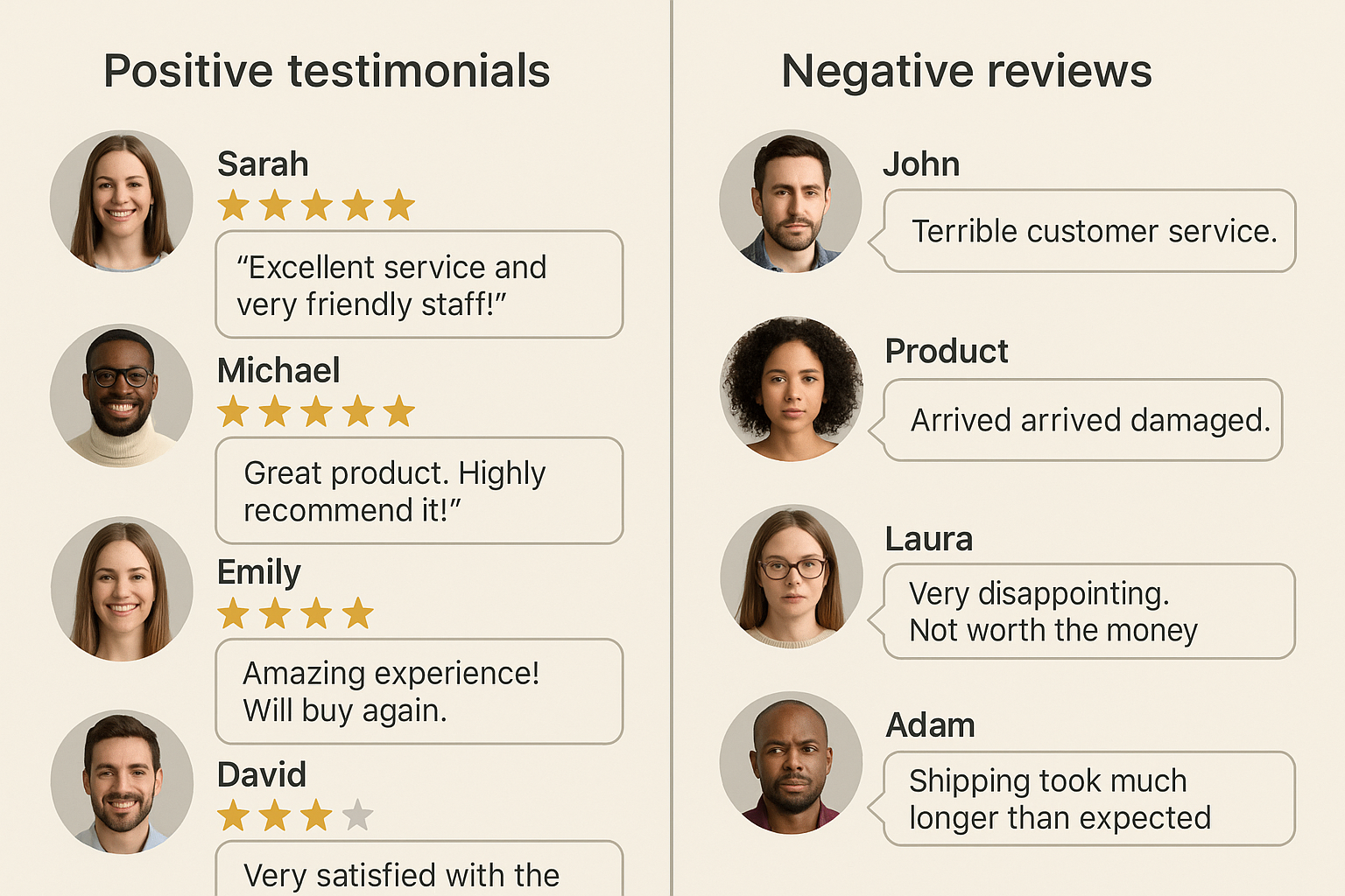 Split-screen composition showing positive customer testimonials on left side with 5-star ratings and negative reviews on right side with war