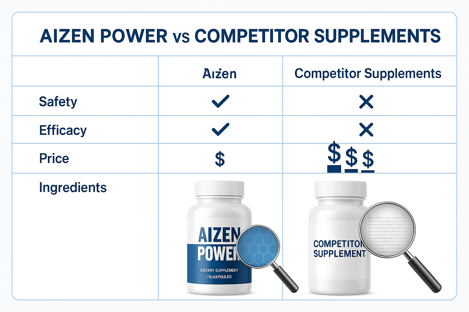 Professional comparison table layout showing Aizen Power versus competitor supplements with checkmarks and X marks, pricing comparison chart