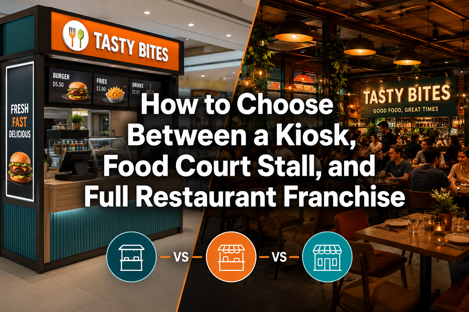 Professional () hero image featuring 'How to Choose Between a Kiosk, Food Court Stall, and Full Restaurant Franchise' in