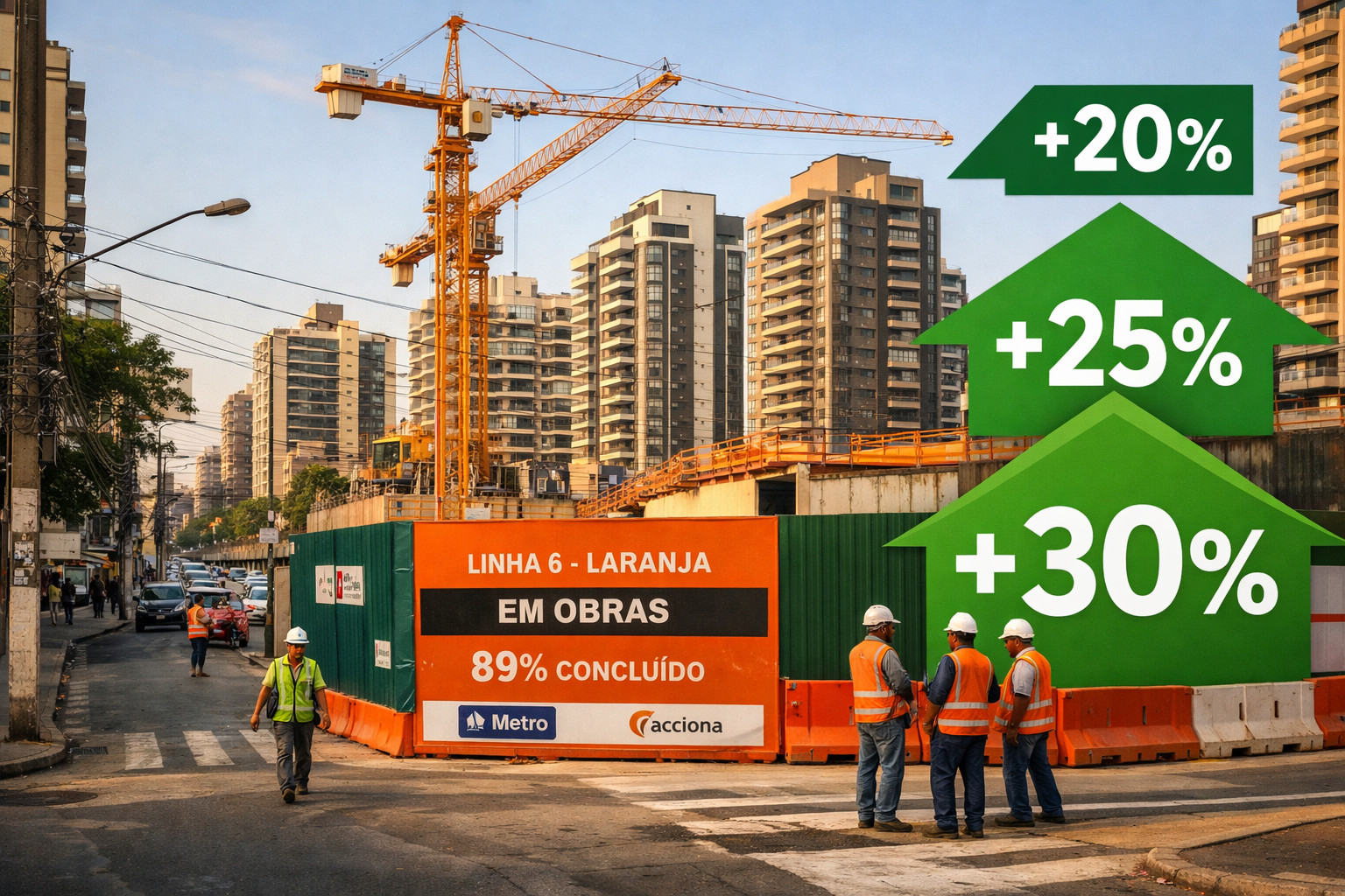 Wide-angle street-level photograph of Perdizes neighborhood in São Paulo showing construction hoarding around Linha
