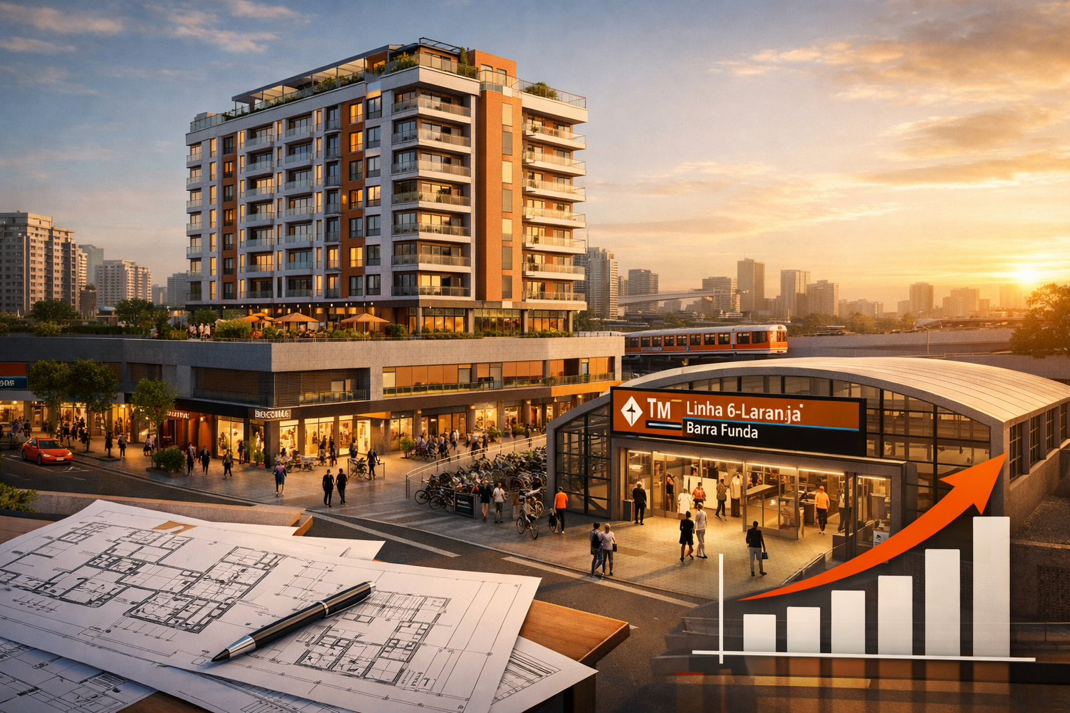 Architectural rendering perspective of modern transit-oriented development condominium project adjacent to Linha 6-Laranja