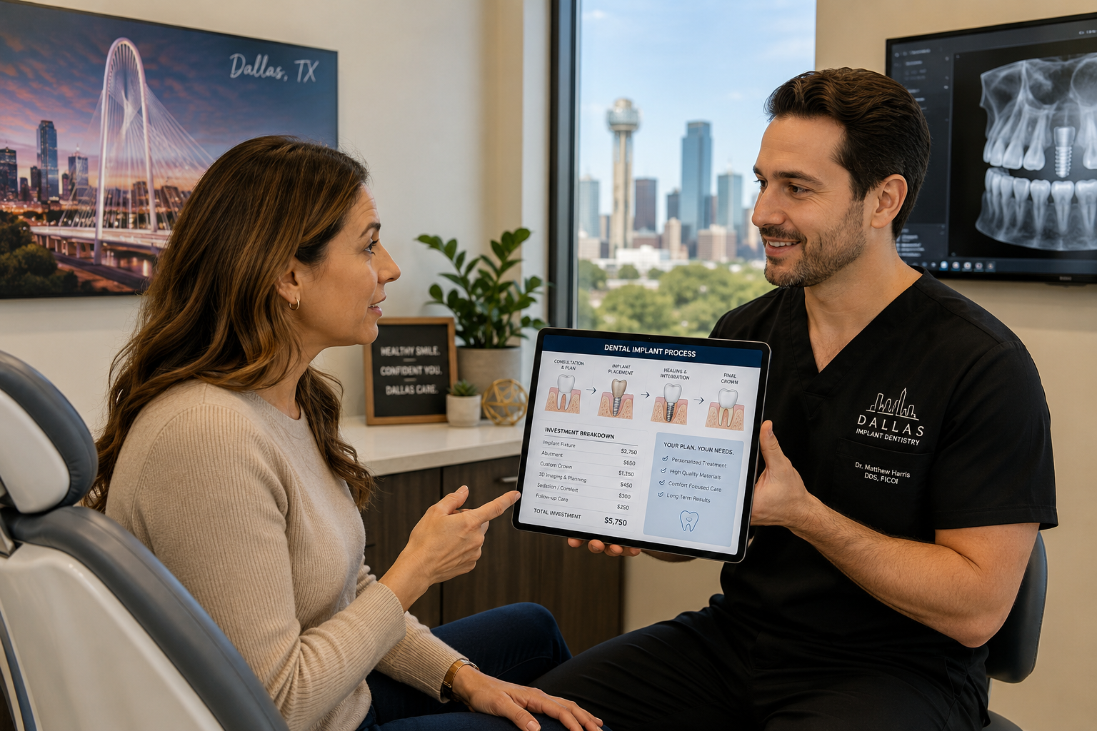 A visual narrative showing a patient consulting with a dentist in a modern, welcoming Dallas dental office. The patient is
