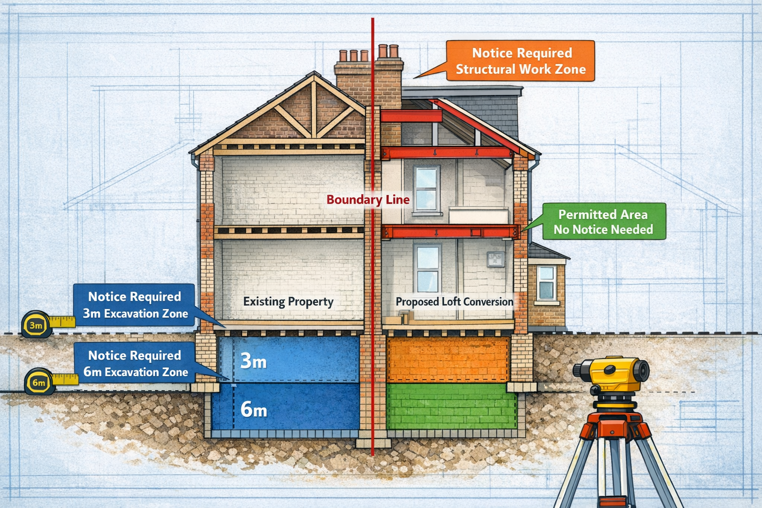 Detailed () image showing cross-section technical illustration of Victorian terraced house party wall with annotations