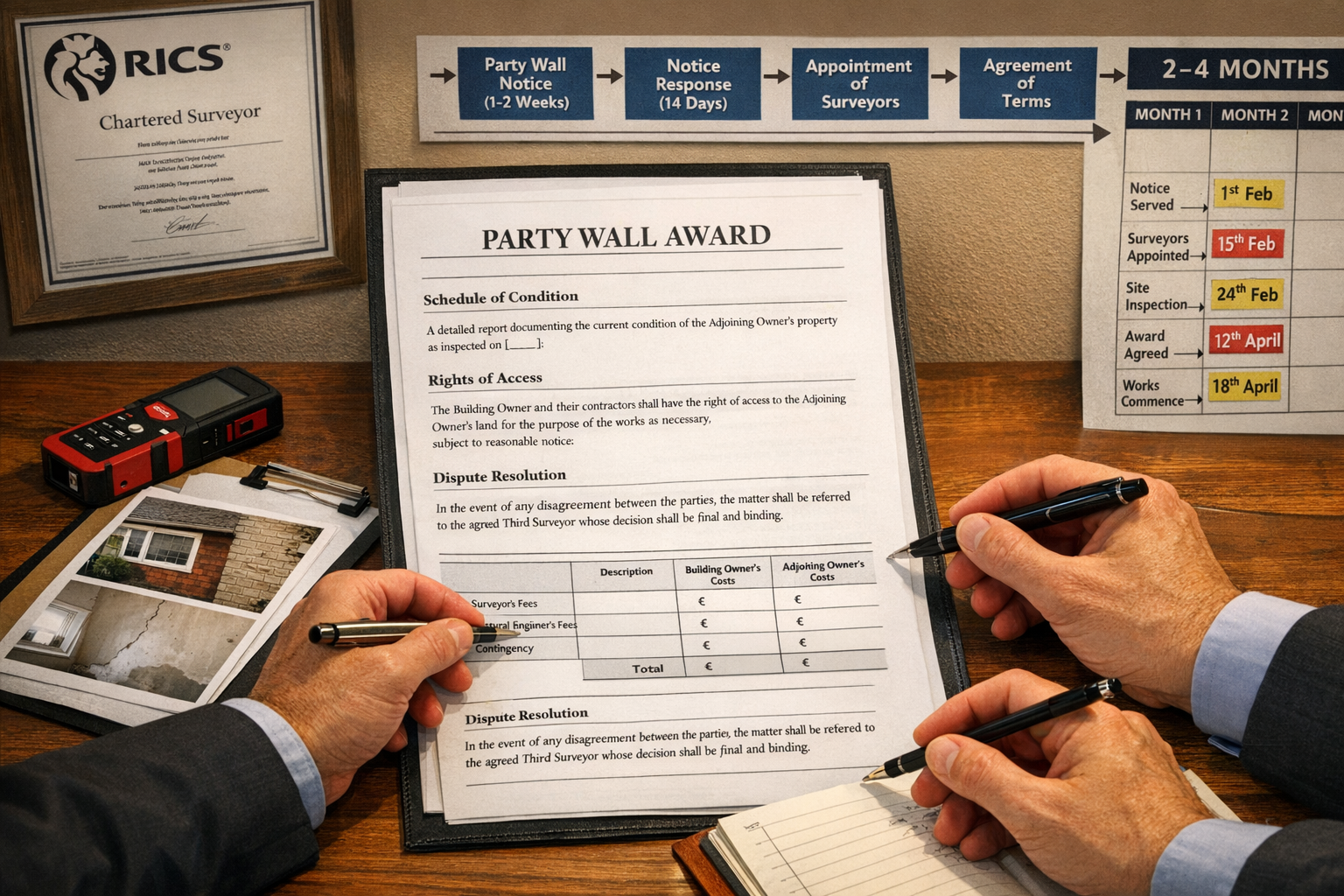 Detailed () image depicting formal Party Wall Award document on desk with two surveyors reviewing specifications. Document
