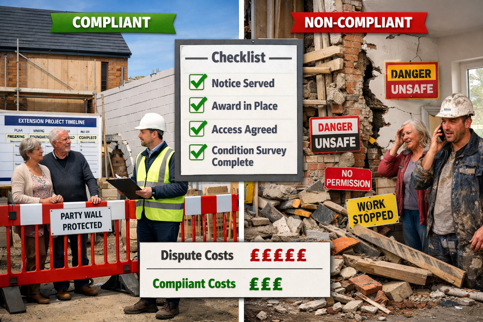 Detailed () image showing split-screen comparison of compliant versus non-compliant extension project management. Left side