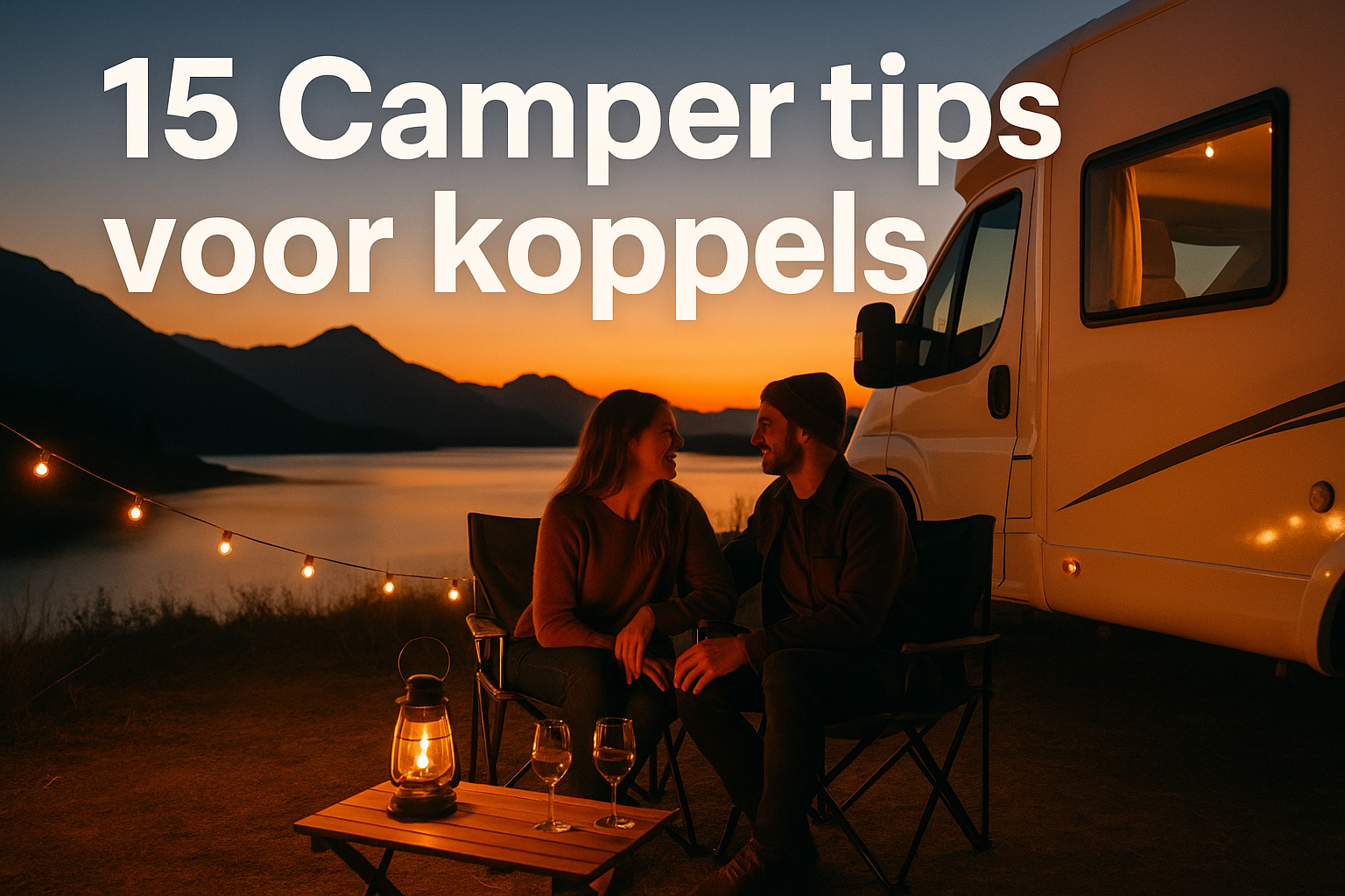 Professional landscape hero image (1536x1024) featuring bold text overlay "15 Camper tips voor koppels" in extra large 72pt white sans-serif