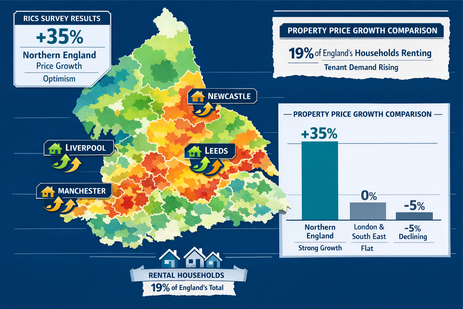 Detailed landscape format (1536x1024) image showing Northern England regional property market map with color-coded heat zones indicating pri