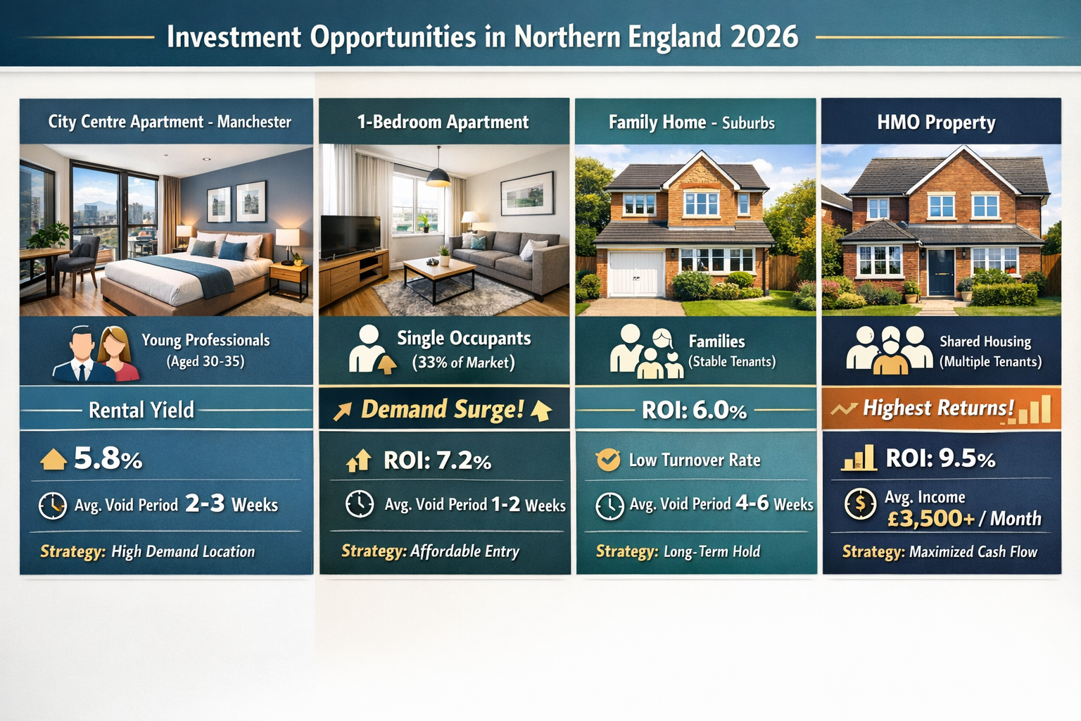 Detailed landscape format (1536x1024) split-screen comparison infographic showing different property types for institutional buy-to-let inve