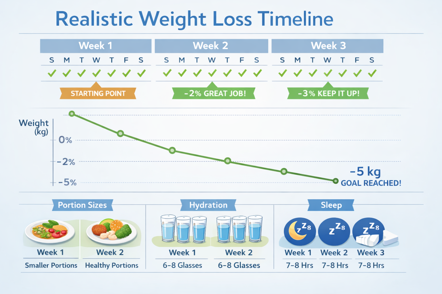 Detailed infographic illustration showing realistic weight loss timeline over 3 weeks, featuring calendar grid with daily checkmarks, downwa