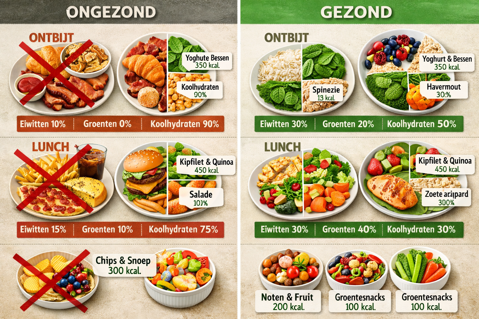 Split-screen comparison illustration showing healthy plate compositions for breakfast, lunch, dinner and snacks, each plate divided into pro