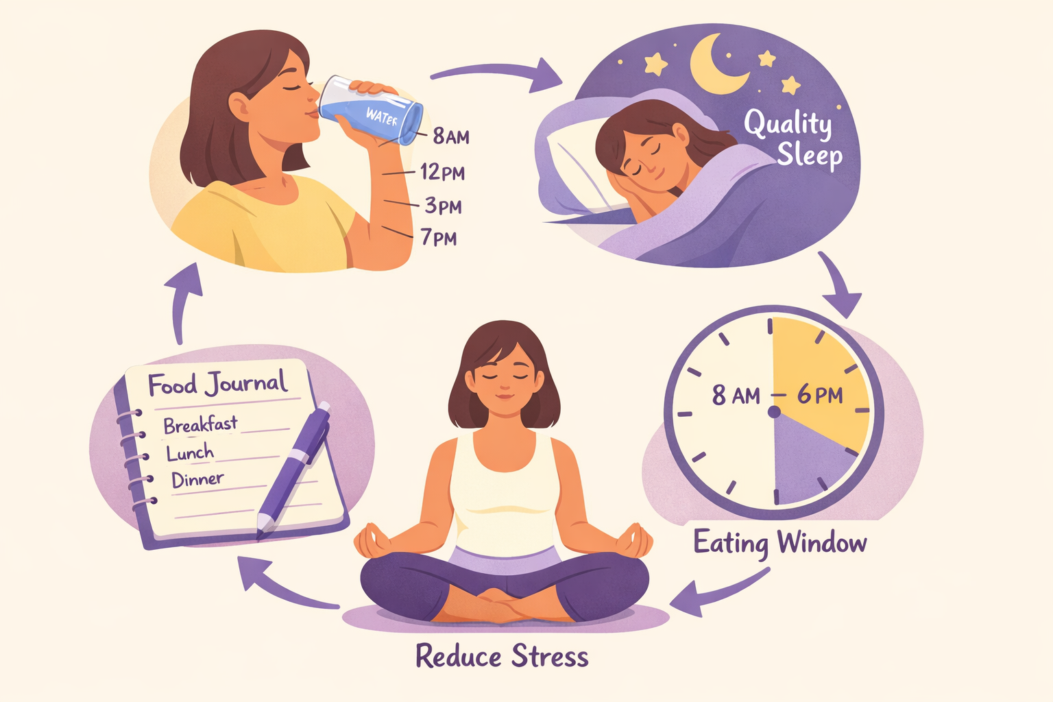 Conceptual lifestyle illustration depicting daily habits for weight loss without exercise: person drinking water from glass with time marker
