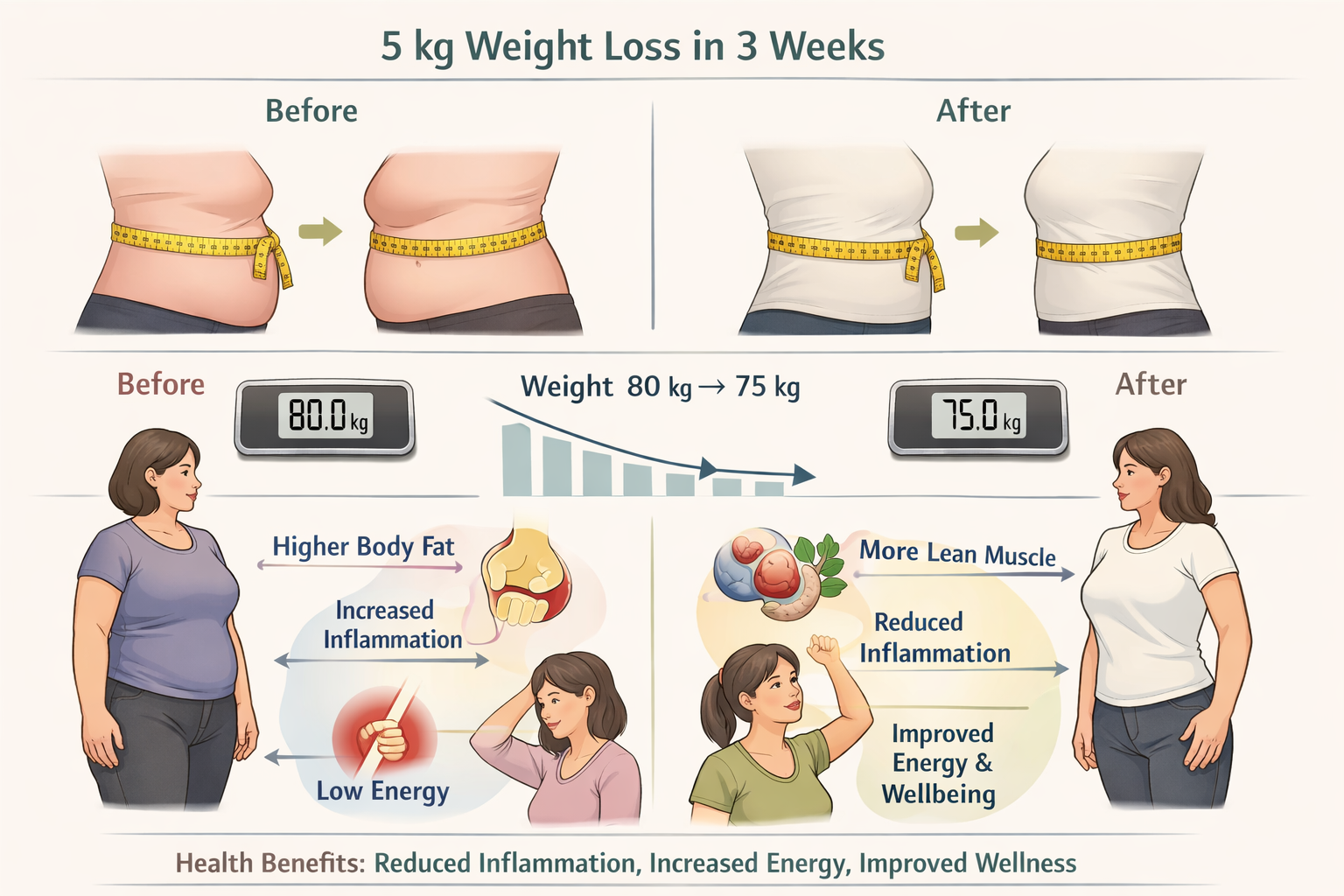 Before and after body measurement illustration showing realistic 5kg weight loss results over 3 weeks, featuring measuring tape around waist