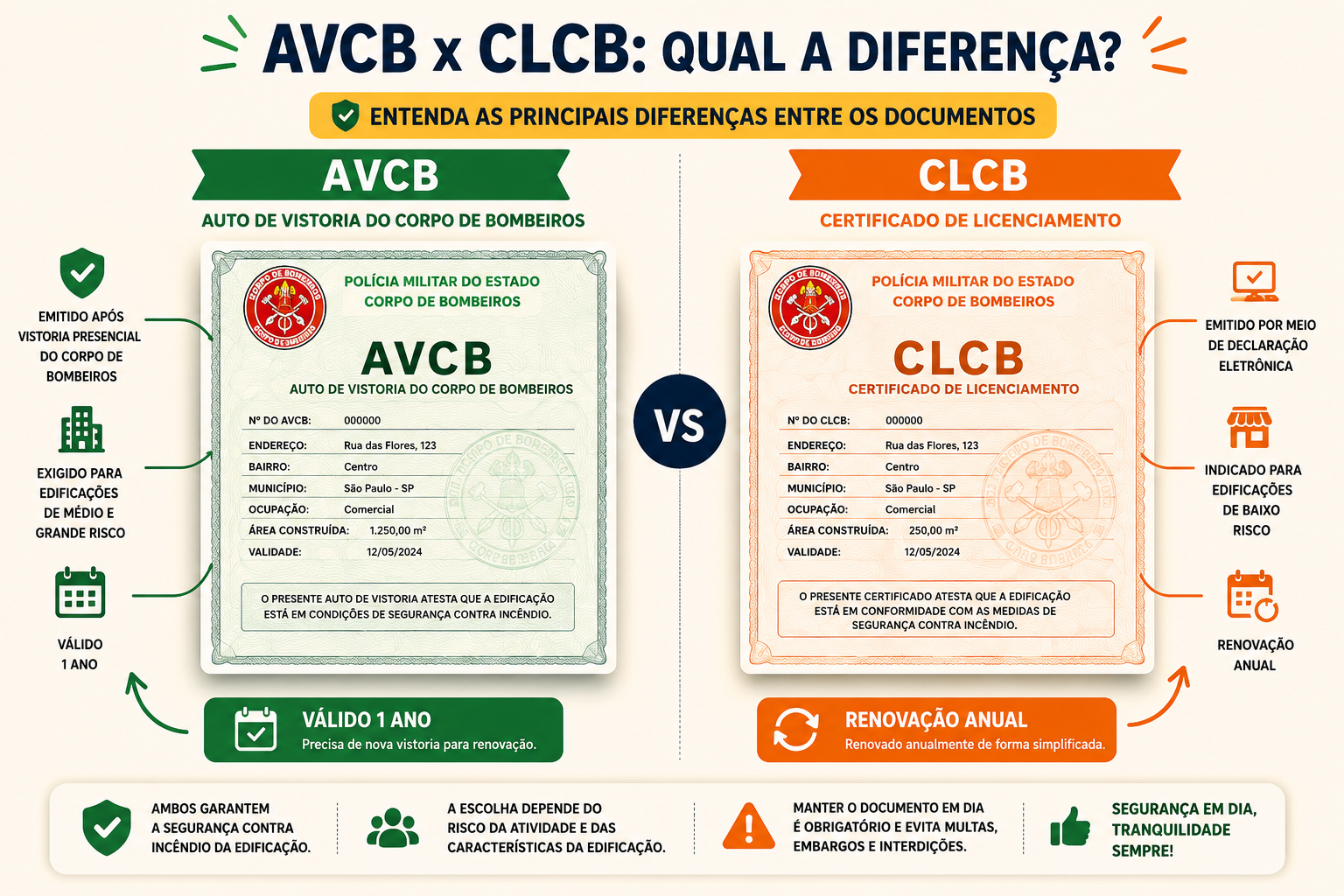 AVCB e CLCB em Campinas: Guia Completo de Regularização junto ao Corpo de Bombeiros 1 Comparação visual entre certificados AVCB e CLCB