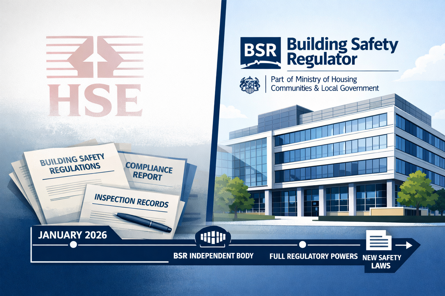 Detailed () editorial illustration showing the Building Safety Regulator transitioning to independent statutory body status