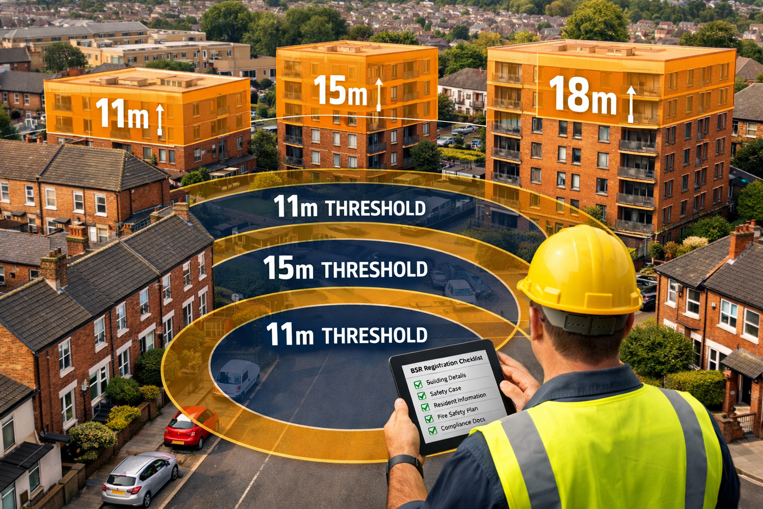 () close-up aerial perspective of a UK residential street showing a mix of 2-storey houses and 4-6 storey mid-rise apartment