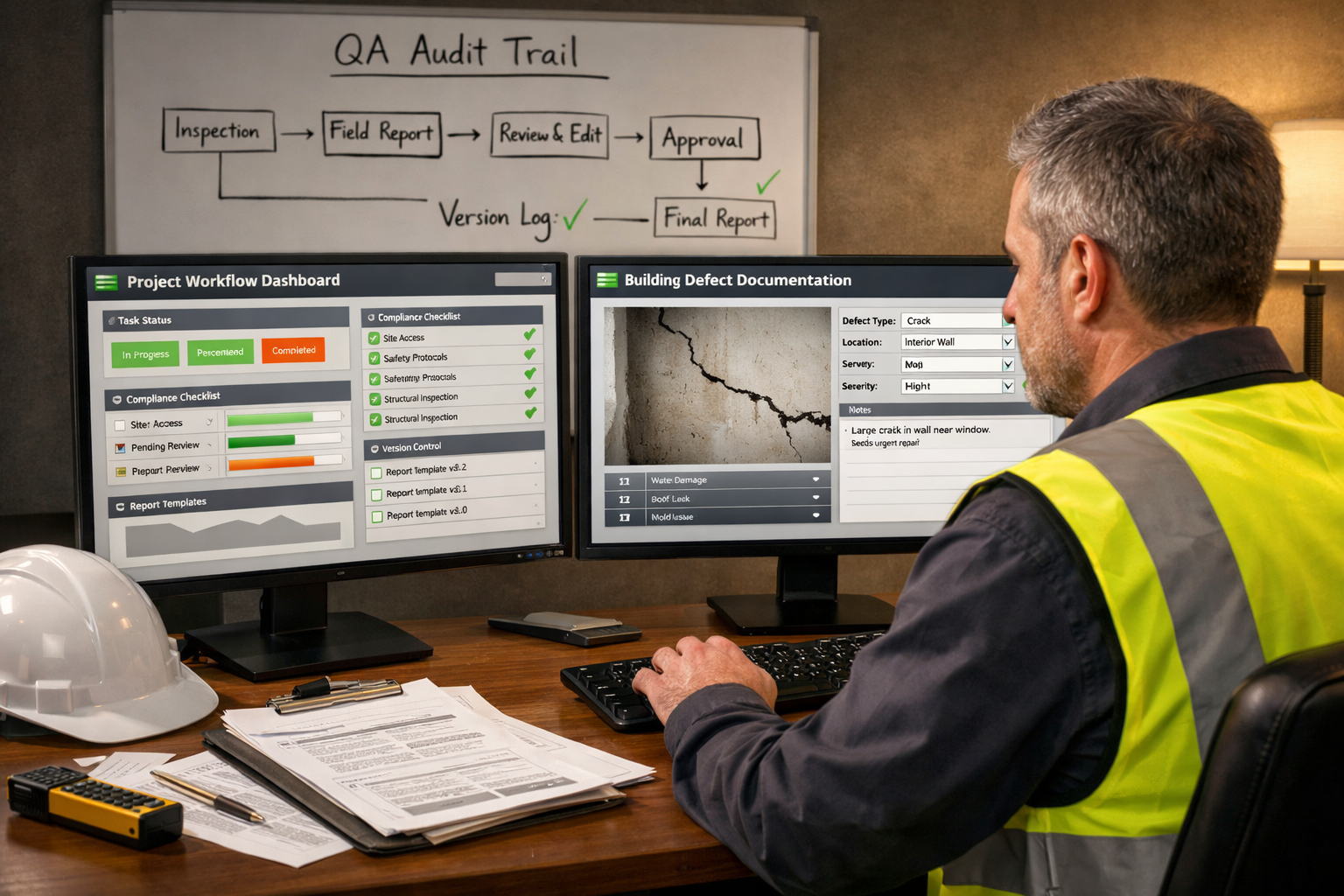 () showing a professional surveyor at a desk with dual monitors displaying digital workflow software, compliance checklists,