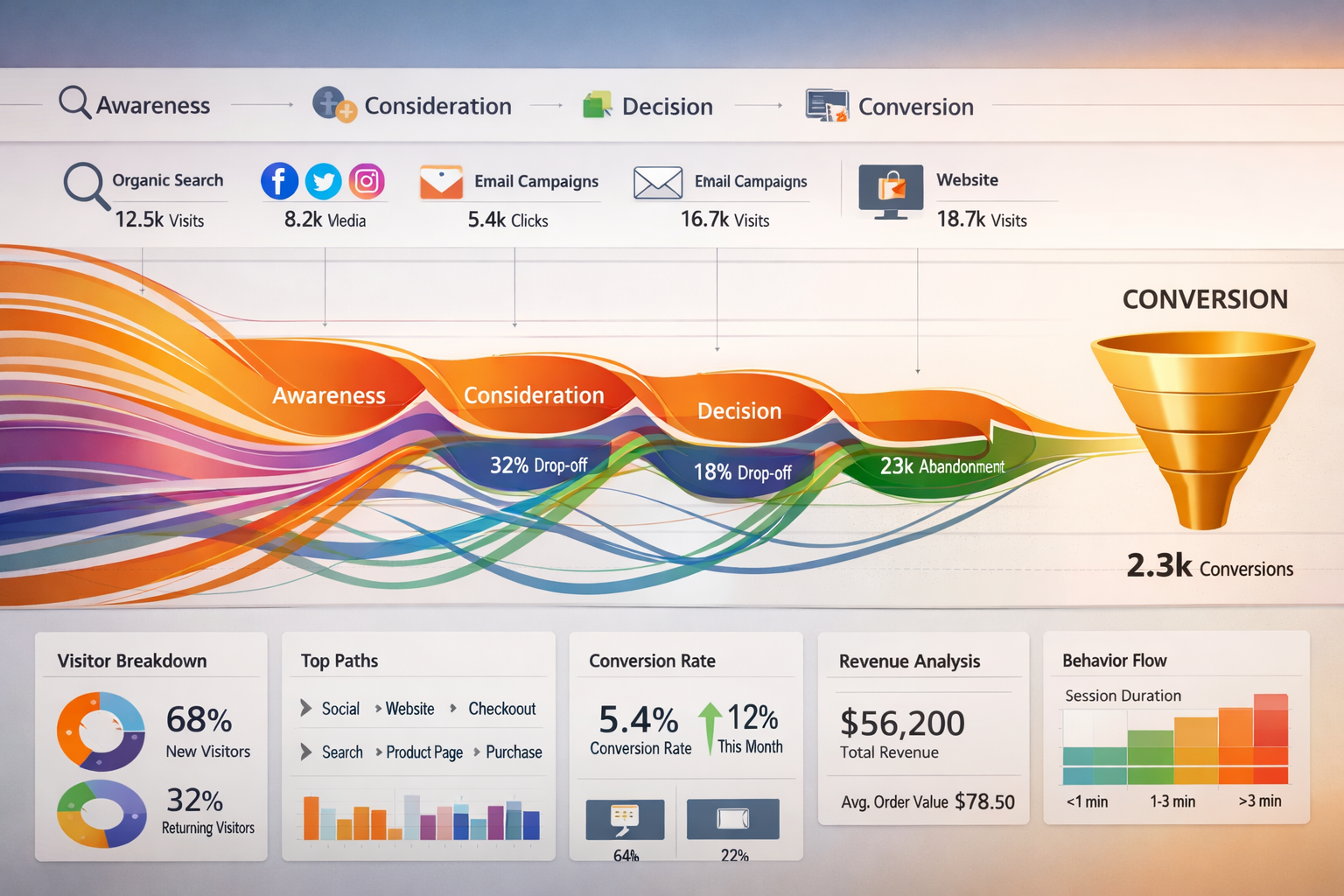 Wide landscape analytics dashboard showing customer journey visualization with multiple touchpoint paths converging toward conversion, featu