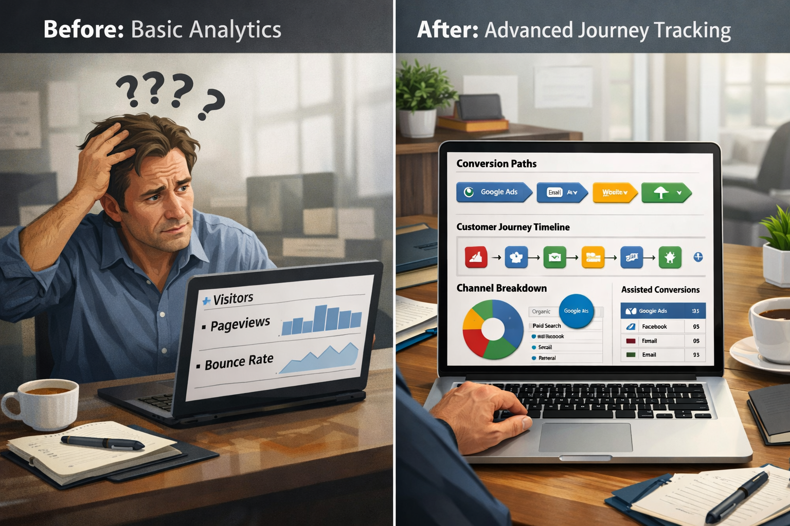 Split screen comparison showing before and after customer journey tracking implementation, left side shows confused business owner looking a