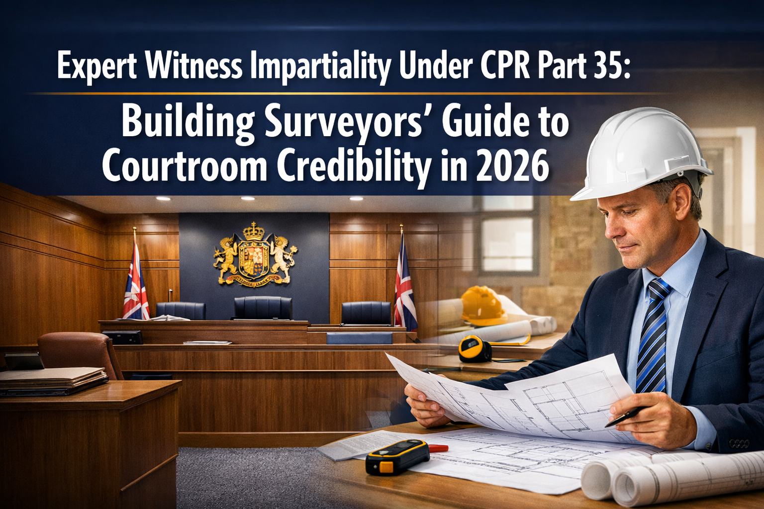 Professional () hero image featuring 'Expert Witness Impartiality Under CPR Part 35: Building Surveyors' Guide to Courtroom