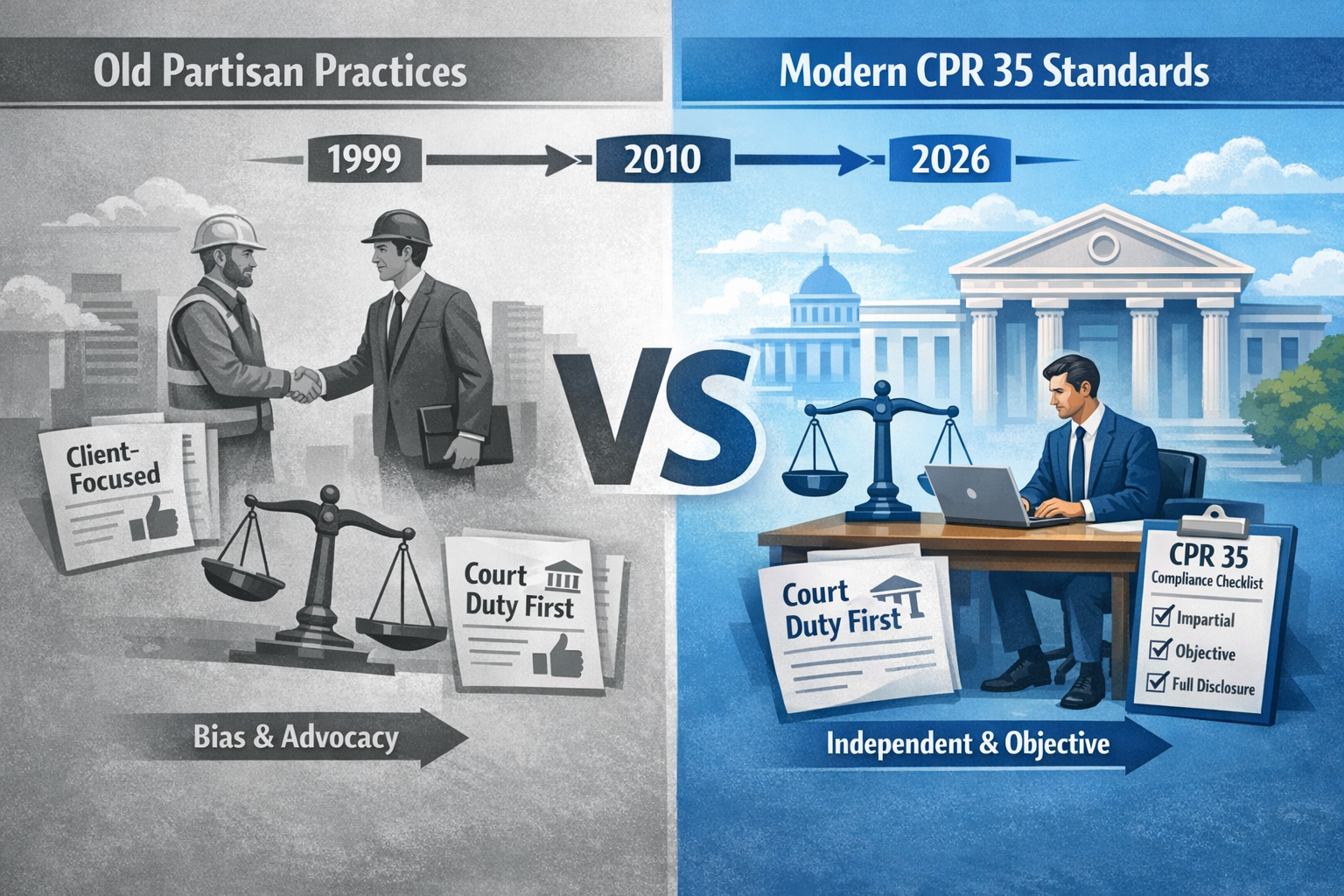 () detailed infographic showing evolution timeline from 1990s to 2026, split-screen comparison of 'Old Partisan Practices'