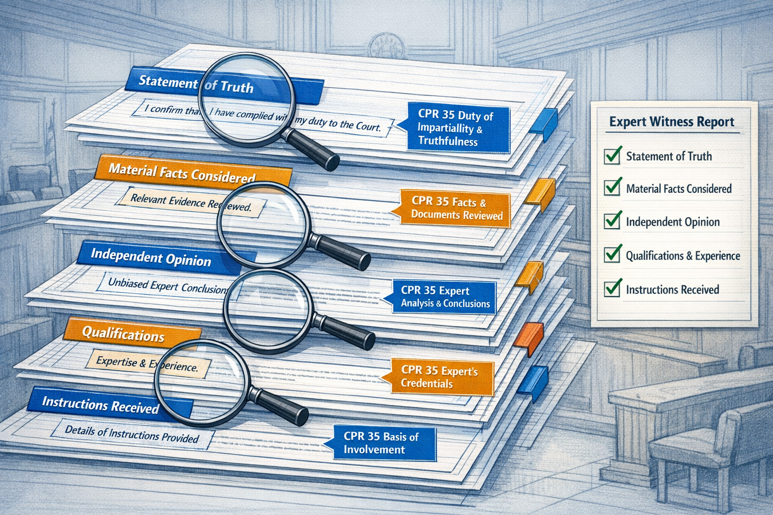 () detailed cutaway illustration of expert witness report document structure with annotated sections. Shows
