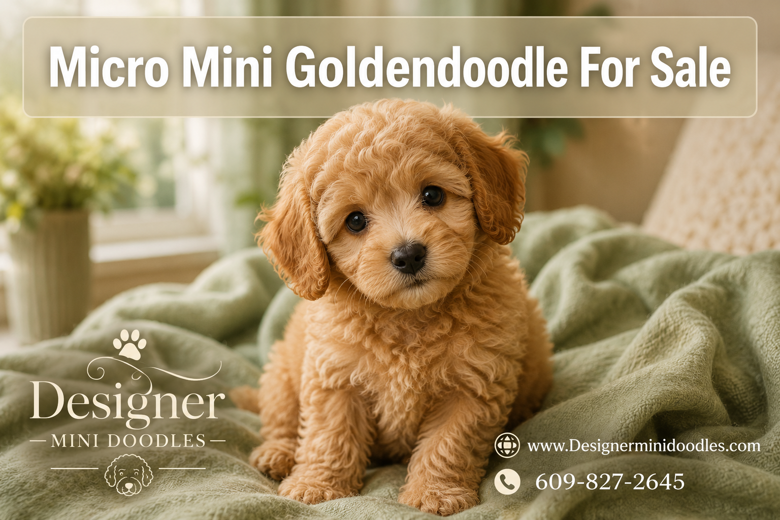 Professional () hero image featuring 'Micro Mini Goldendoodle For Sale' in white with subtle drop , centered in upper third