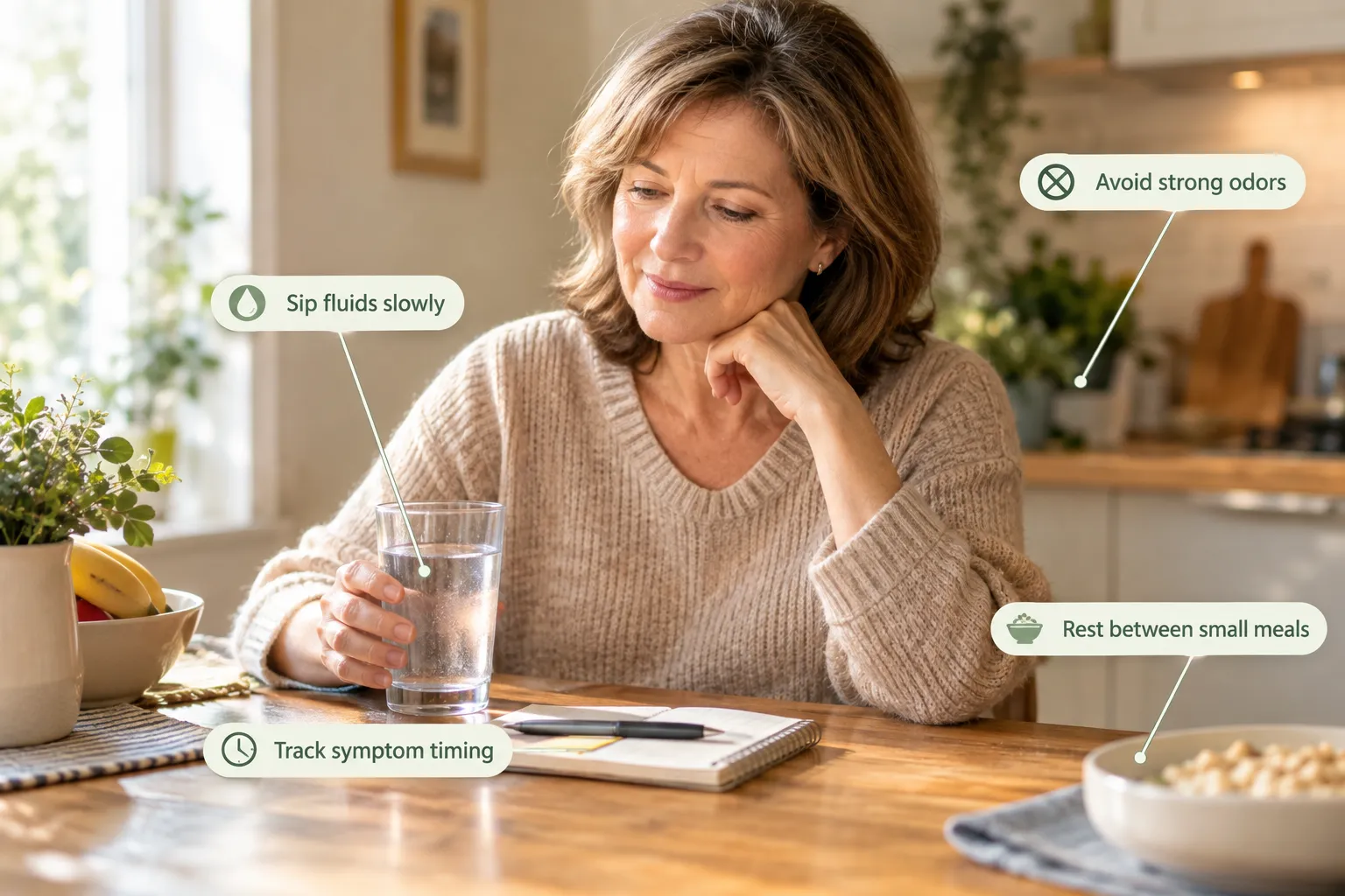 Practical steps for managing nausea with fluids and small meals